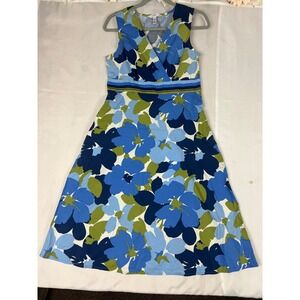 Croft & Barrow Womens Blue Green Floral V-Neck Sleeveless Pocket Dress Size 8
